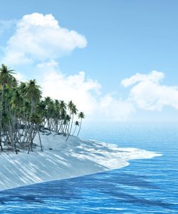3D render of a palm tree island against a blue sky with fluffy white clouds